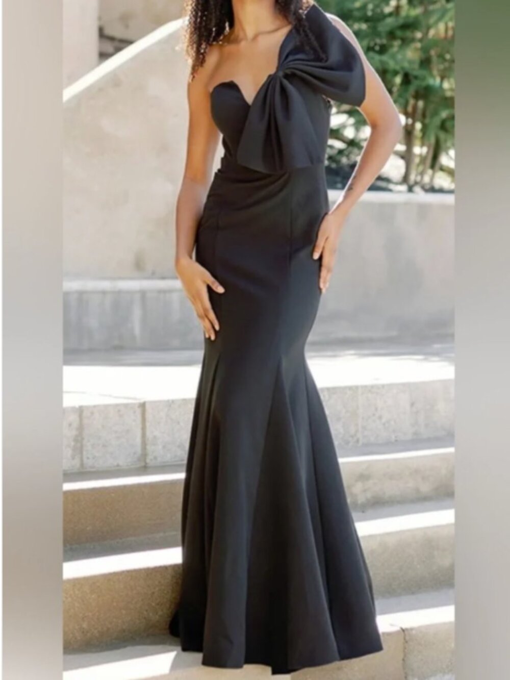 Revelry Black One-Shoulder Bow Mermaid Gown, Black Tie, Bridesmaid - Size 12